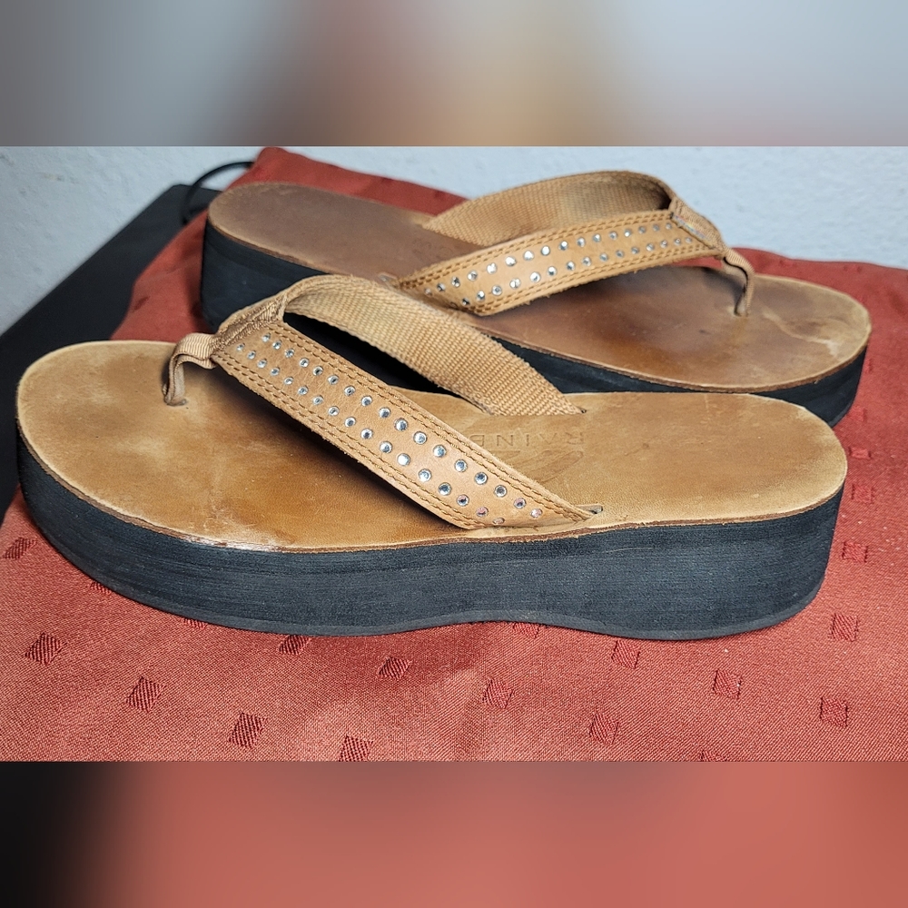Rainbow Brown Leather Thong Flip Flops Sandals Platform Size 5.5 - Picture 3 of 11